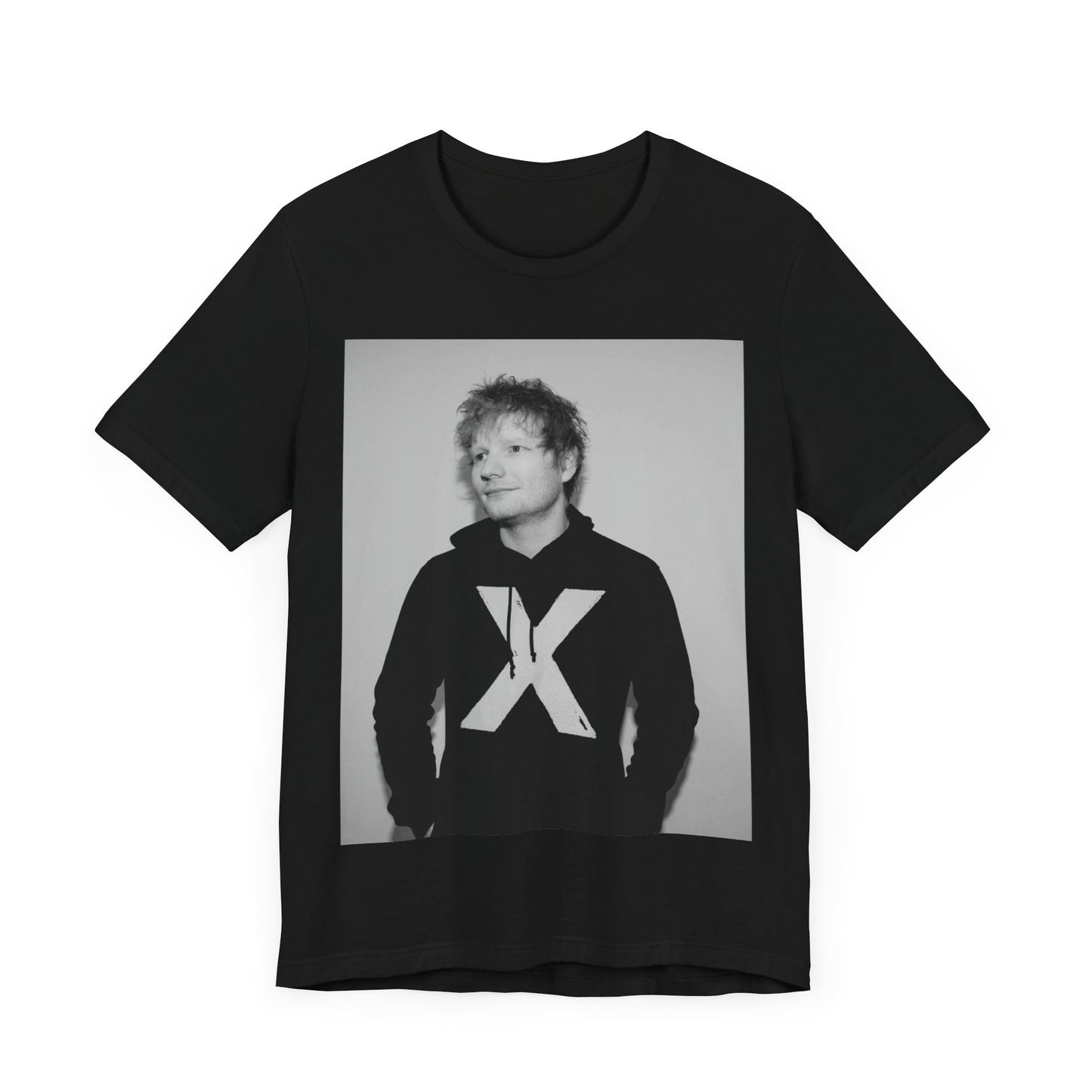 A black graphic t-shirt featuring a black and white graphic related to Ed Sheeran's album 'X'.