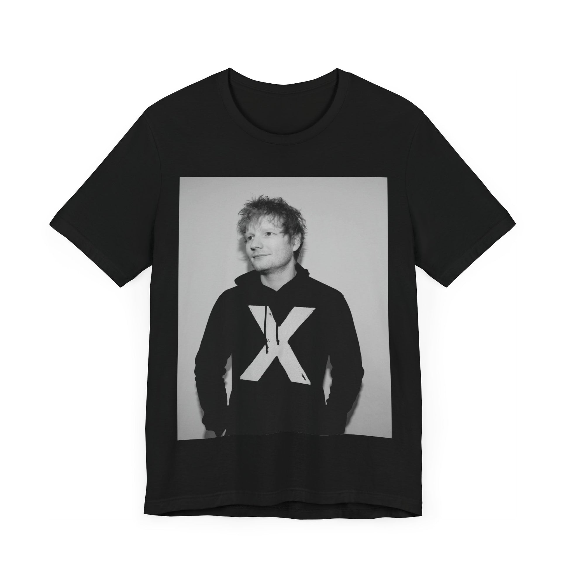 A black graphic t-shirt featuring a black and white graphic related to Ed Sheeran's album 'X'.