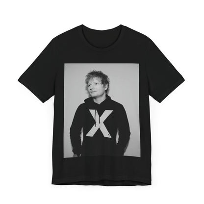 A black graphic t-shirt featuring a black and white graphic related to Ed Sheeran's album 'X'.