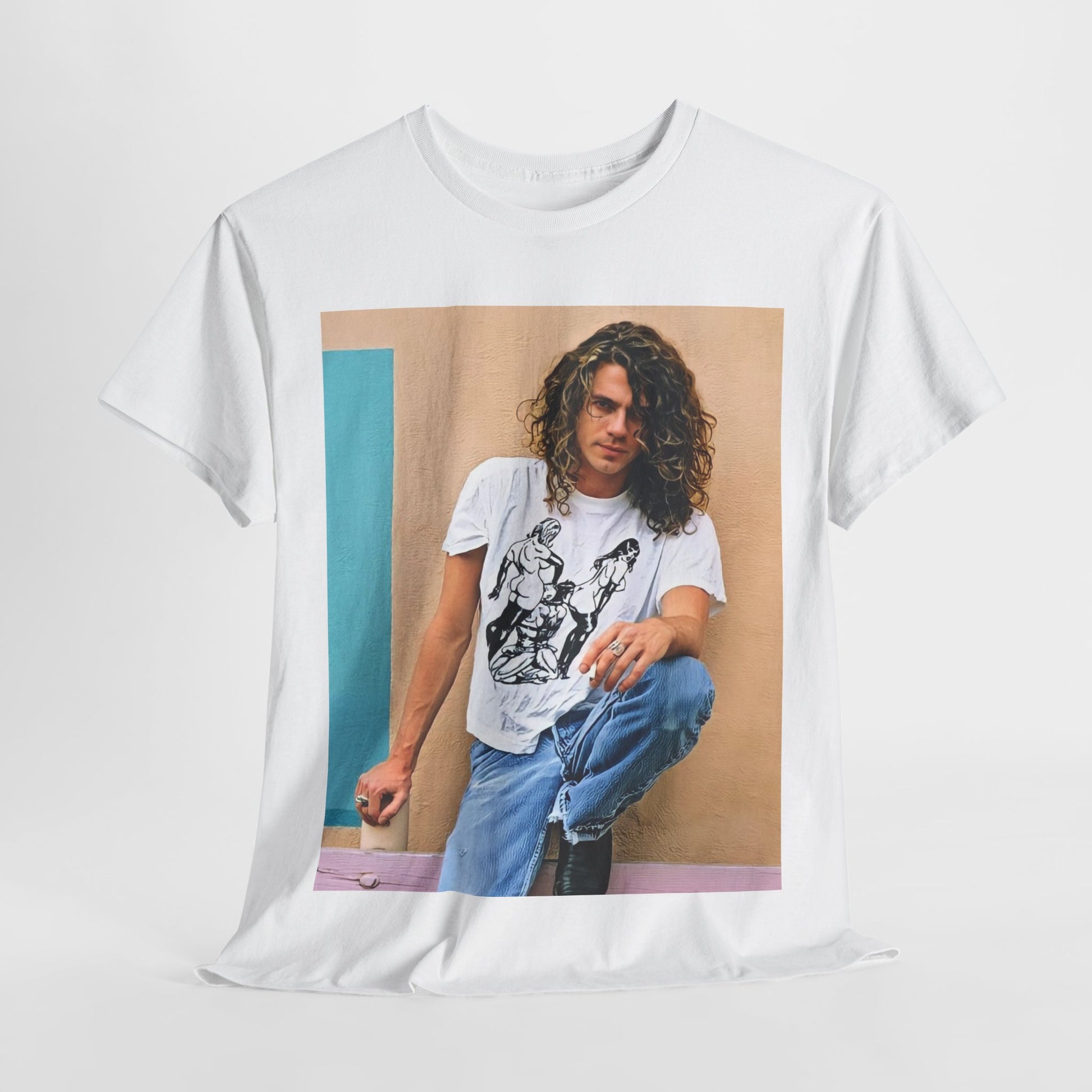 A black graphic t-shirt featuring a 90s chill retro rock graphic of INXS.