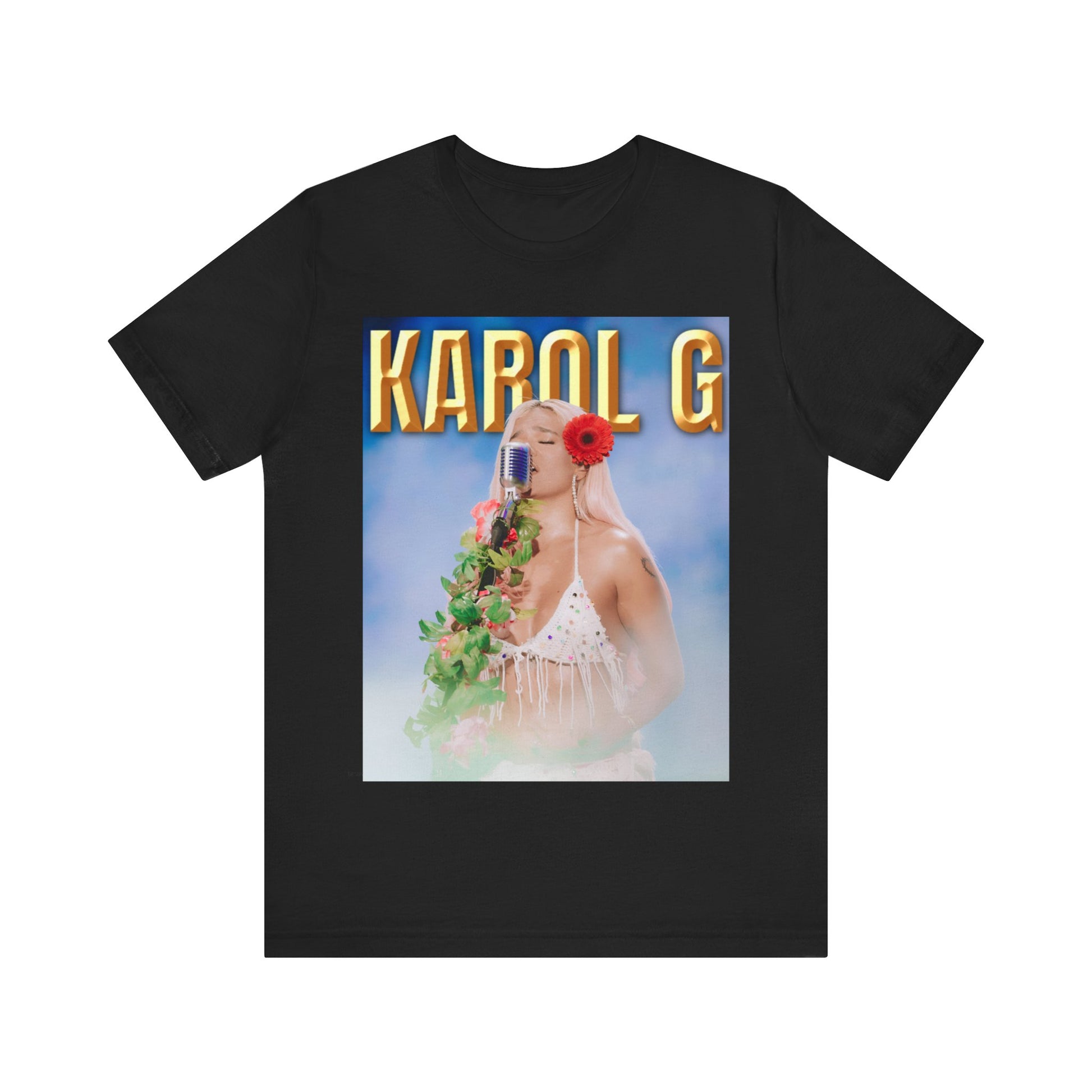 A black graphic t-shirt featuring a graphic of Karol G as a classic Latin pop queen.