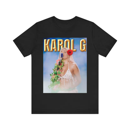 A black graphic t-shirt featuring a graphic of Karol G as a classic Latin pop queen.