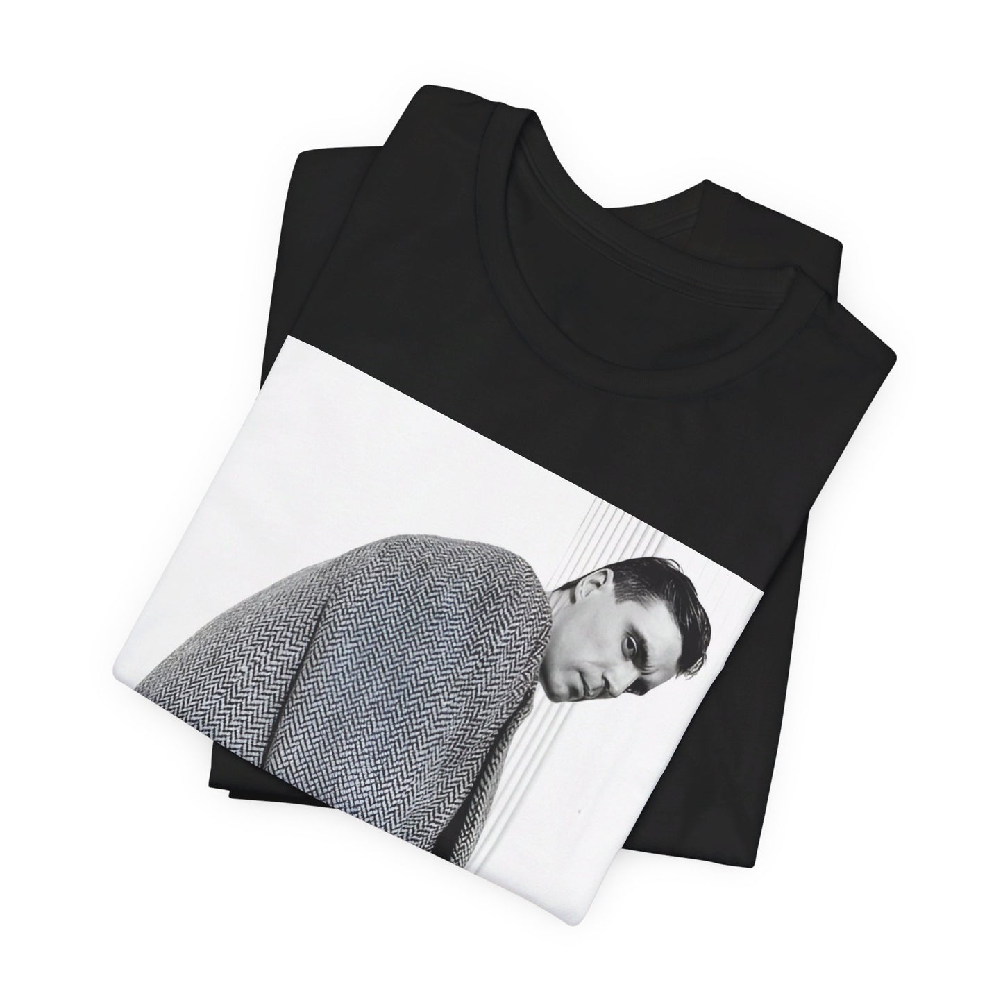 A black graphic t-shirt featuring a graphic of David Byrne from Talking Heads in his classic style.