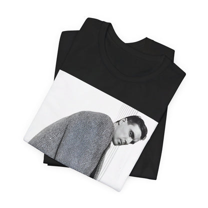A black graphic t-shirt featuring a graphic of David Byrne from Talking Heads in his classic style.