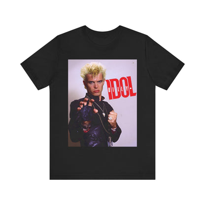 A black graphic t-shirt featuring a graphic of Billy Idol in an iconic rock pose from the 1980s.