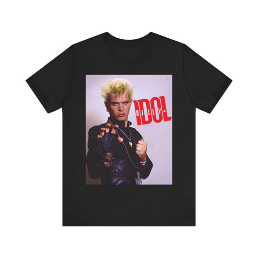 A black graphic t-shirt featuring a graphic of Billy Idol in an iconic rock pose from the 1980s.