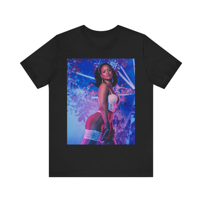 A black graphic t-shirt featuring a graphic of Rihanna as a lingerie goddess.