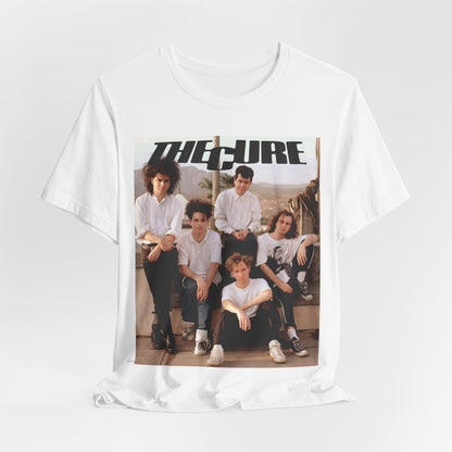 A black graphic t-shirt featuring a vintage graphic of The Cure with a dark romanticism theme.