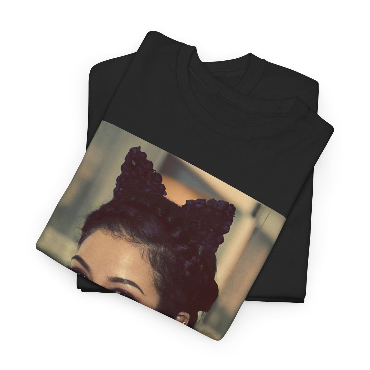 A black graphic t-shirt featuring a graphic of Jhene Aiko with a cool Los Angeles soul hip hop aesthetic.