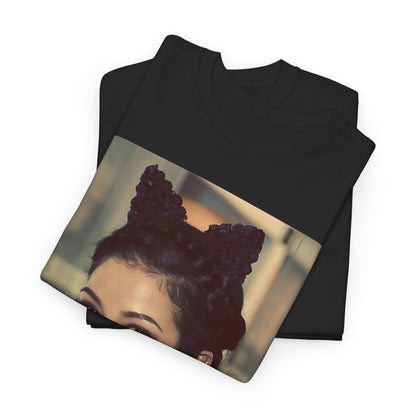 A black graphic t-shirt featuring a graphic of Jhene Aiko with a cool Los Angeles soul hip hop aesthetic.
