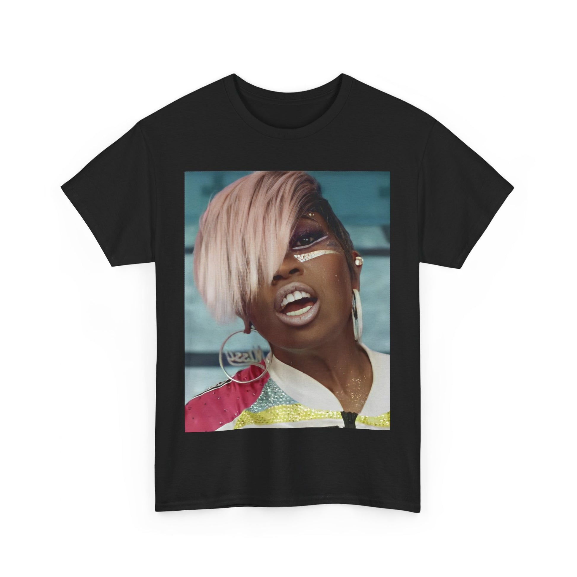 A black graphic t-shirt featuring a classic 90s rap aesthetic graphic of Missy Elliott.