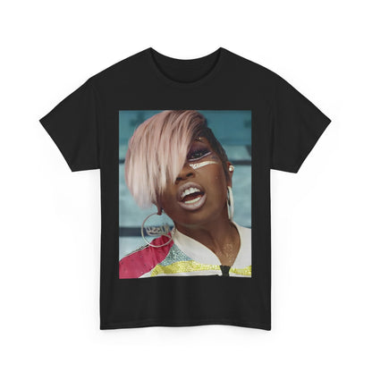 A black graphic t-shirt featuring a classic 90s rap aesthetic graphic of Missy Elliott.