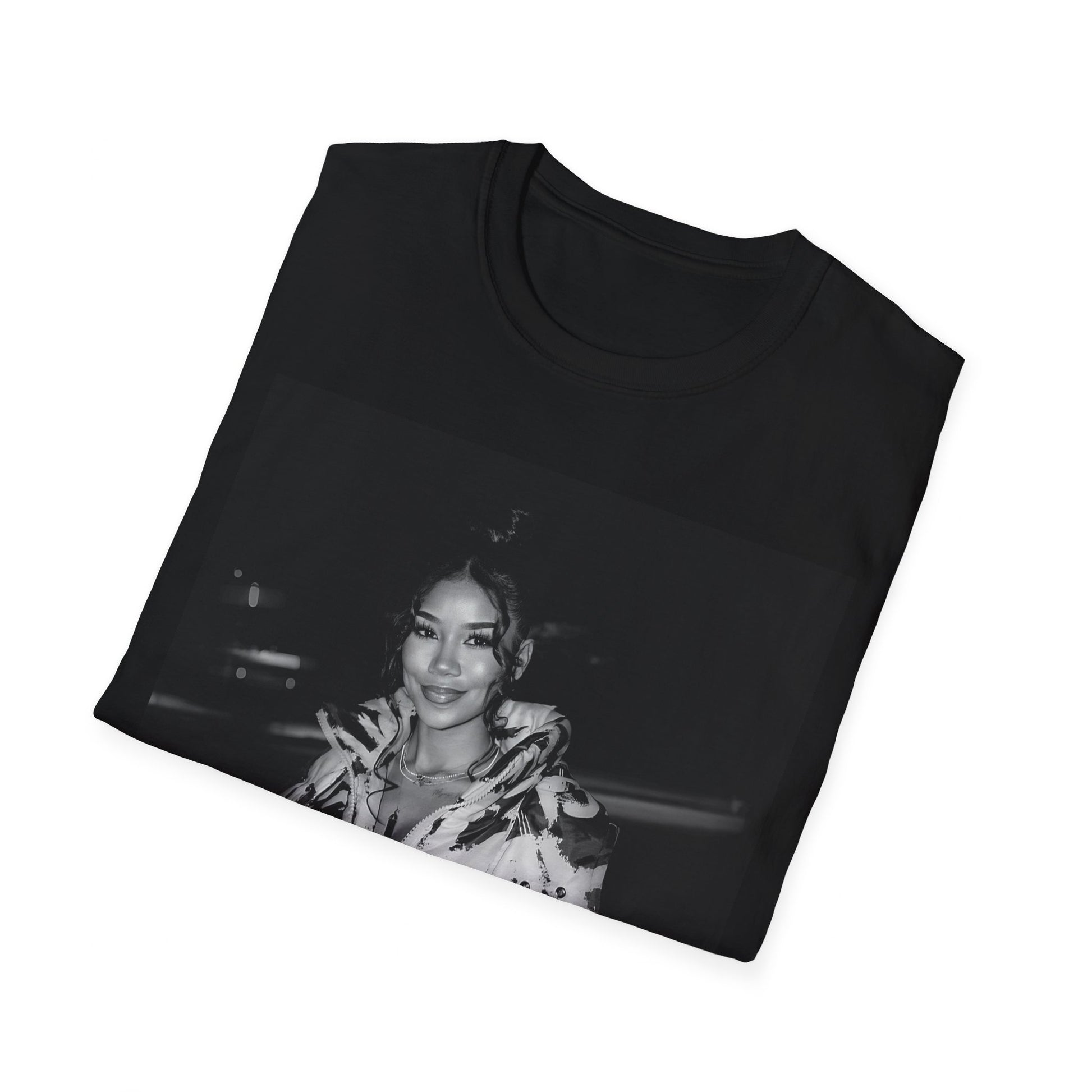 A black graphic t-shirt featuring a classic black and white photo portrait of Jhene Aiko.