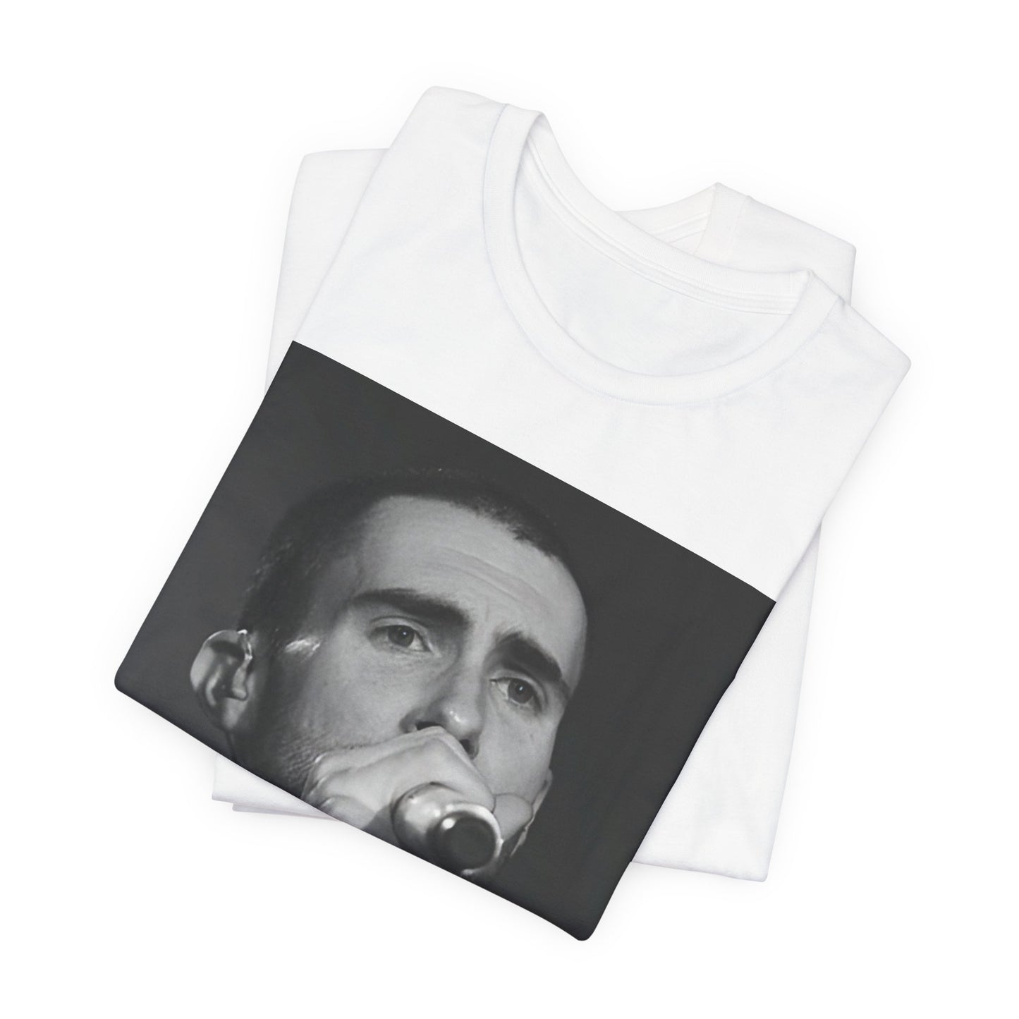 A rare, vintage black and white photo of a very young Maroon 5, from their early garage band days, printed on a t-shirt.