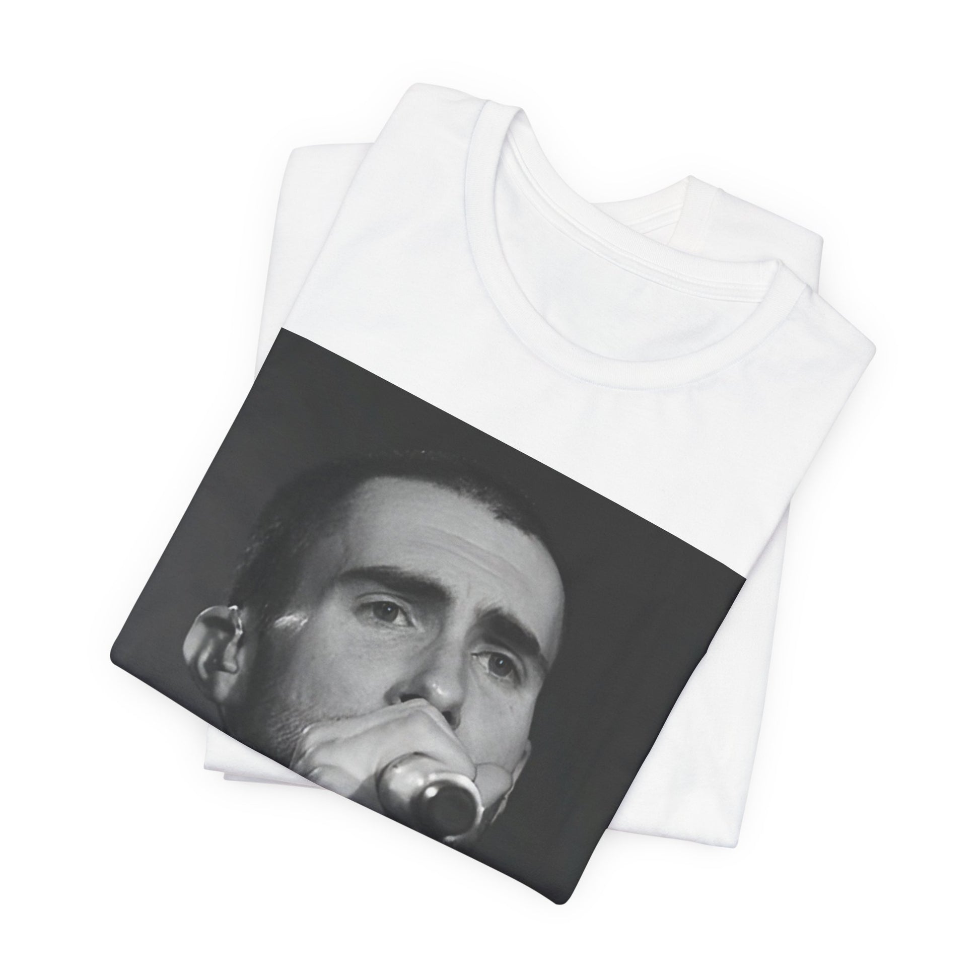 A rare, vintage black and white photo of a very young Maroon 5, from their early garage band days, printed on a t-shirt.