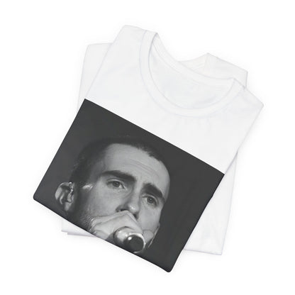 A rare, vintage black and white photo of a very young Maroon 5, from their early garage band days, printed on a t-shirt.