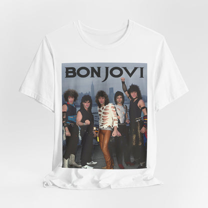 A black graphic t-shirt featuring a graphic related to Bon Jovi's 'Livin' on a Prayer' song or era from the 1980s.
