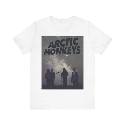 A black graphic t-shirt featuring an artistic or aesthetic graphic of the Arctic Monkeys band.