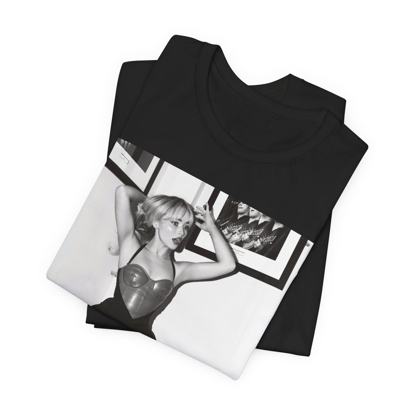 A black graphic t-shirt featuring a black and white graphic of Sabrina Carpenter as a pop princess.