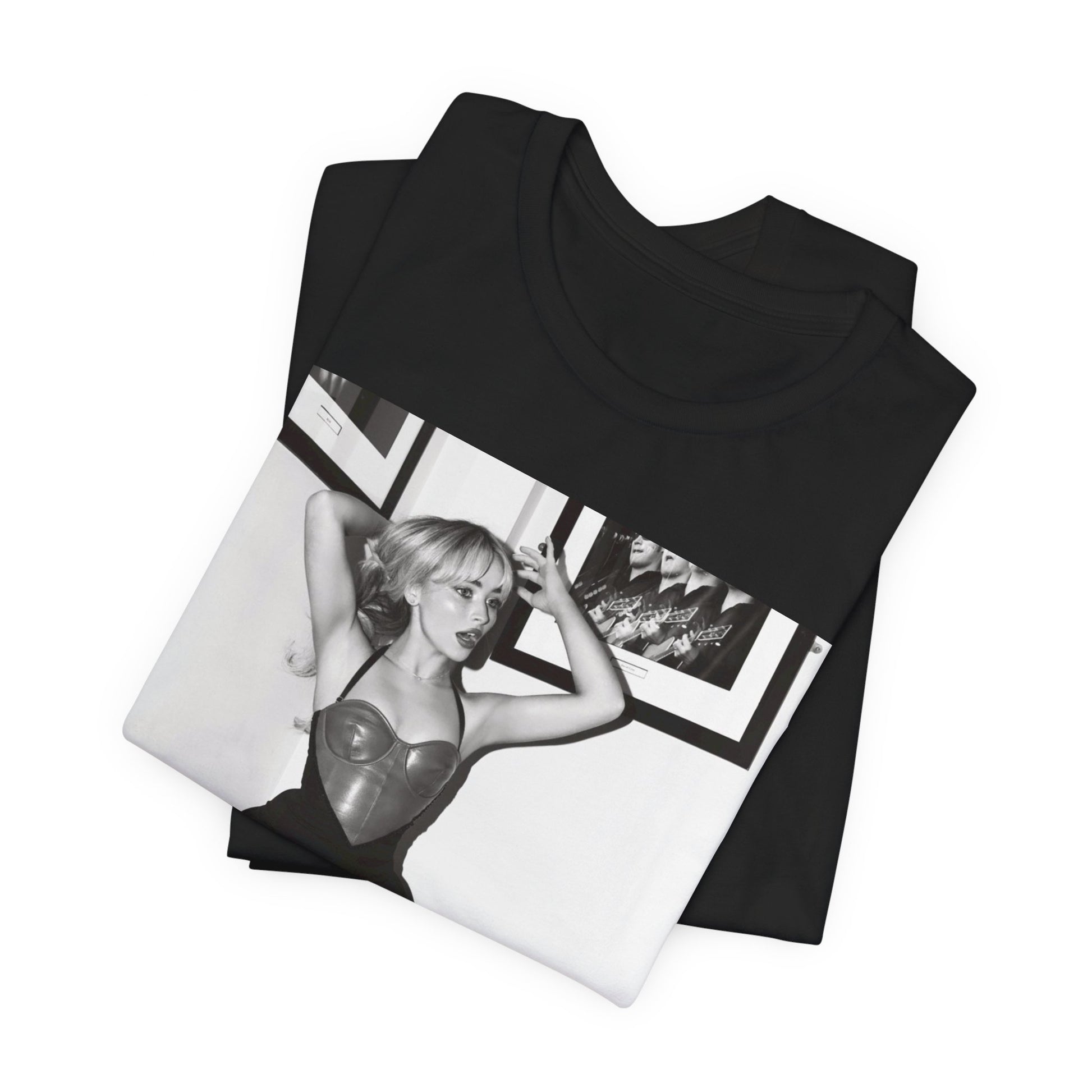 A black graphic t-shirt featuring a black and white graphic of Sabrina Carpenter as a pop princess.