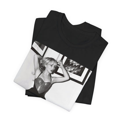A black graphic t-shirt featuring a black and white graphic of Sabrina Carpenter as a pop princess.
