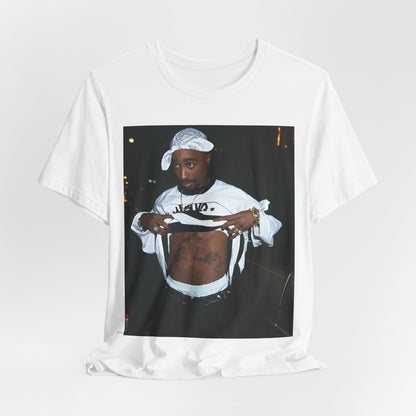 A black graphic t-shirt featuring a graphic of Tupac Shakur (2Pac).