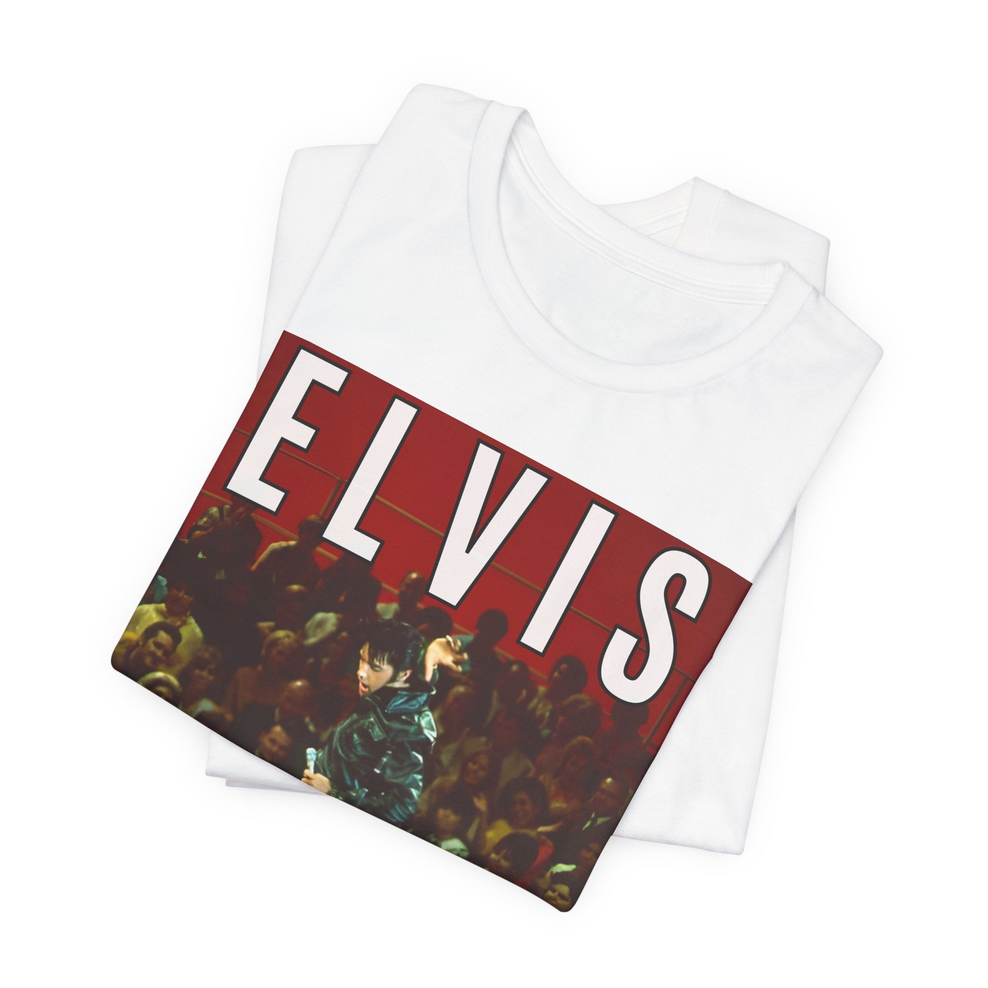 A black graphic t-shirt featuring a retro graphic related to an Elvis Presley special concert.