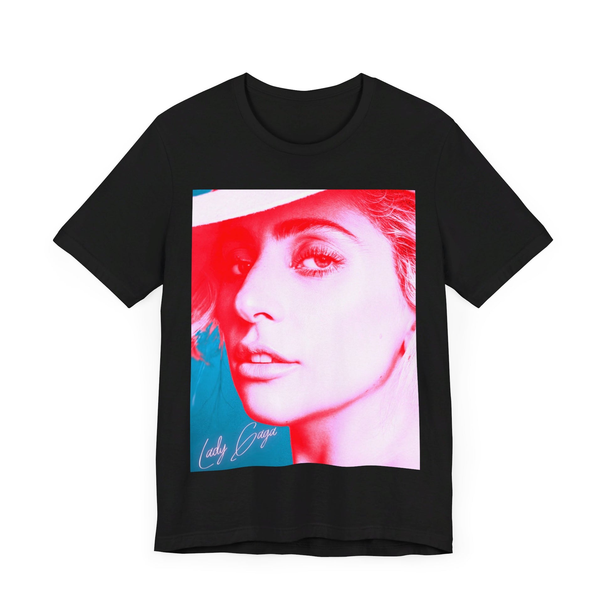 A black graphic t-shirt featuring a graphic related to Lady Gaga's 'Poker Face' song or era.