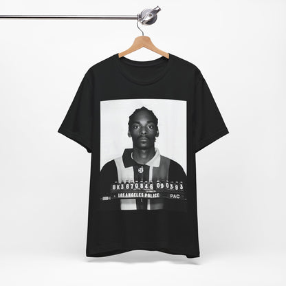 A black graphic t-shirt featuring a graphic of Snoop Dogg's mug shot.