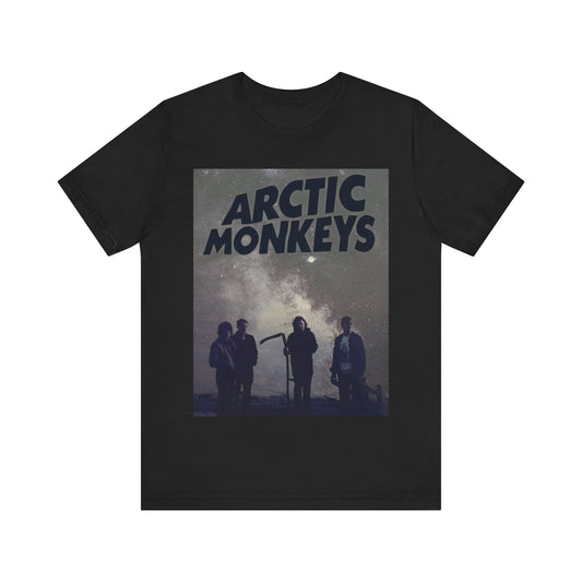A black graphic t-shirt featuring an artistic or aesthetic graphic of the Arctic Monkeys band.