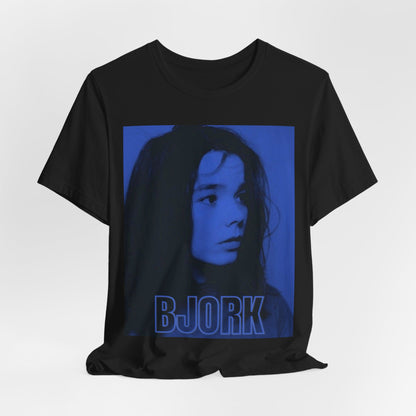 A black graphic t-shirt featuring a modern, avant-garde graphic of Bjork, possibly with abstract or futuristic elements.