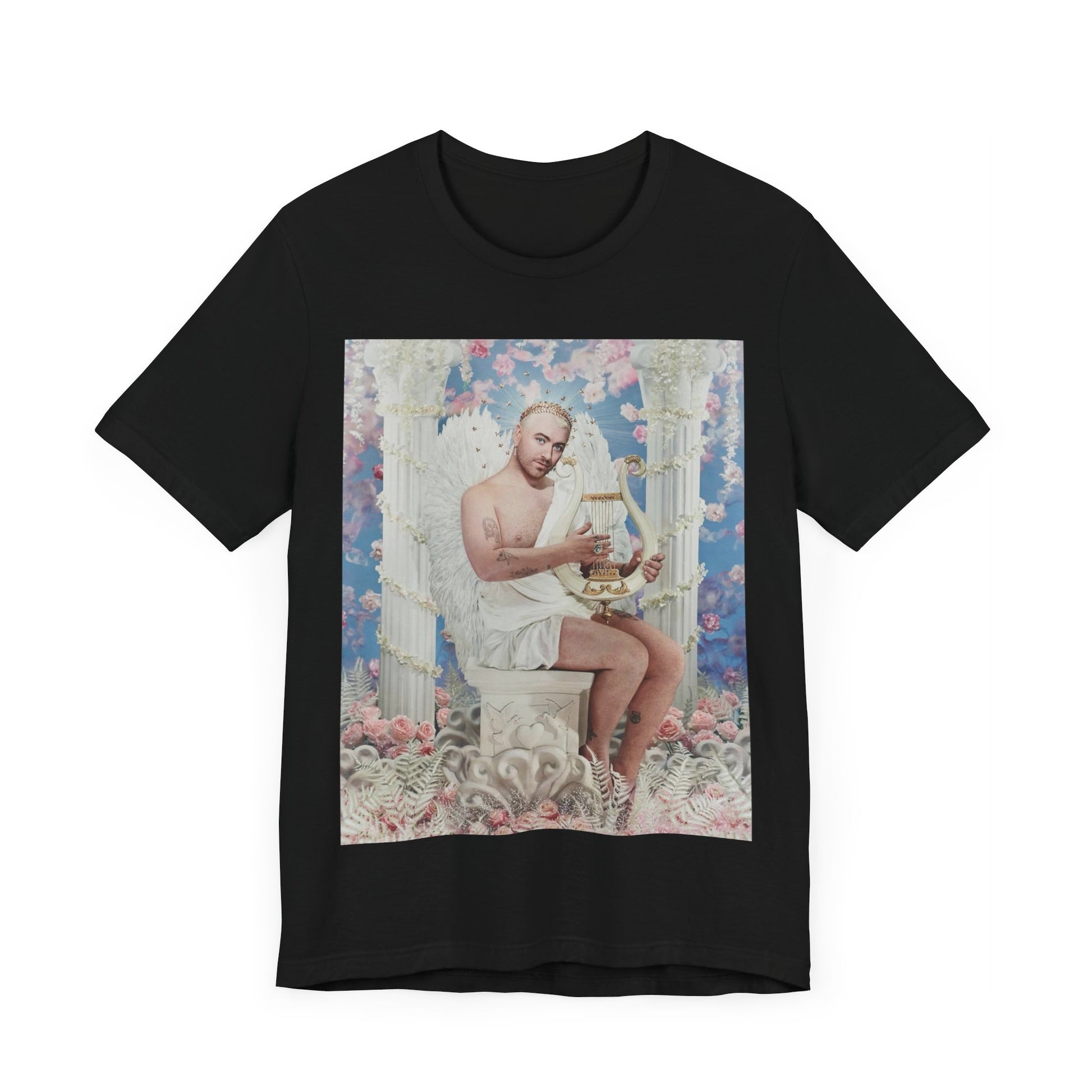 A black graphic t-shirt featuring a heavenly angel pop graphic of Sam Smith.