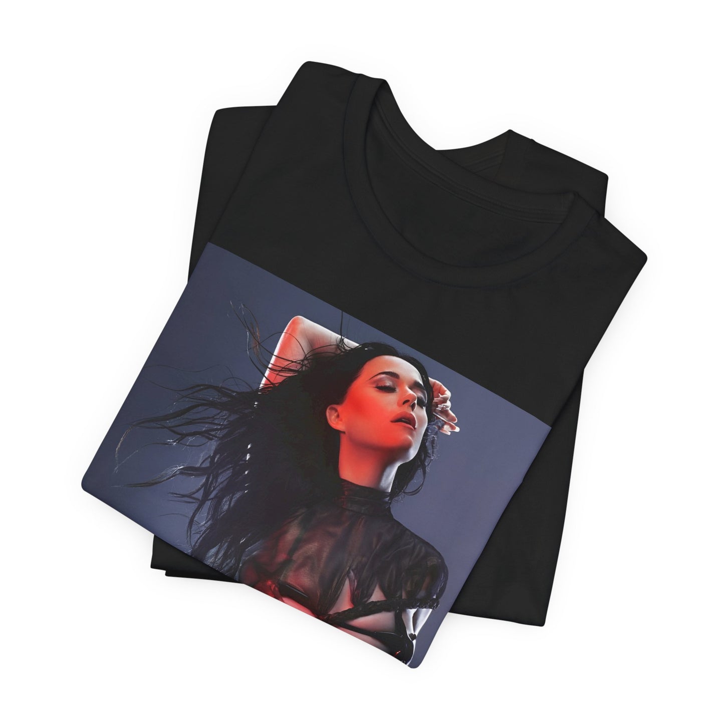 A black graphic t-shirt featuring a dreamy pop fantasy graphic of Katy Perry.