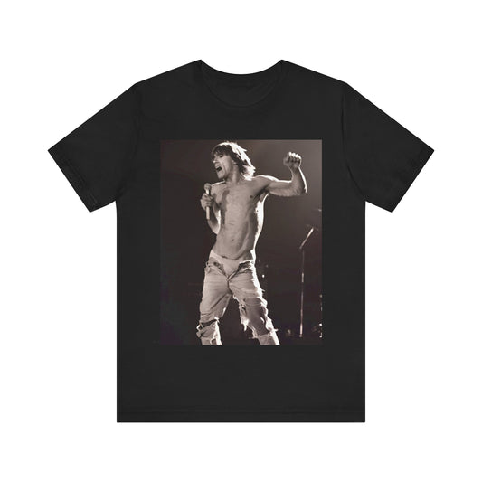 A black graphic t-shirt featuring a black and white graphic or photo of Iggy Pop performing live on stage.