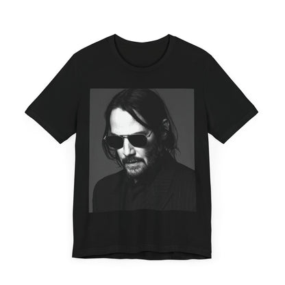 A black graphic t-shirt featuring a graphic of Keanu Reeves with a rebel spirit aesthetic.