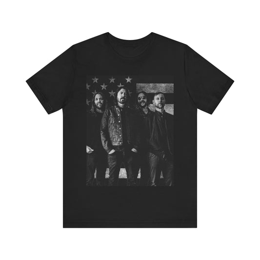 A black graphic t-shirt featuring a graphic of Foo Fighters integrated with elements of the American flag.