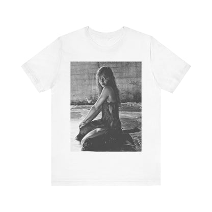 A black graphic t-shirt featuring a black and white, monochrome graphic or photo of Sabrina Carpenter.