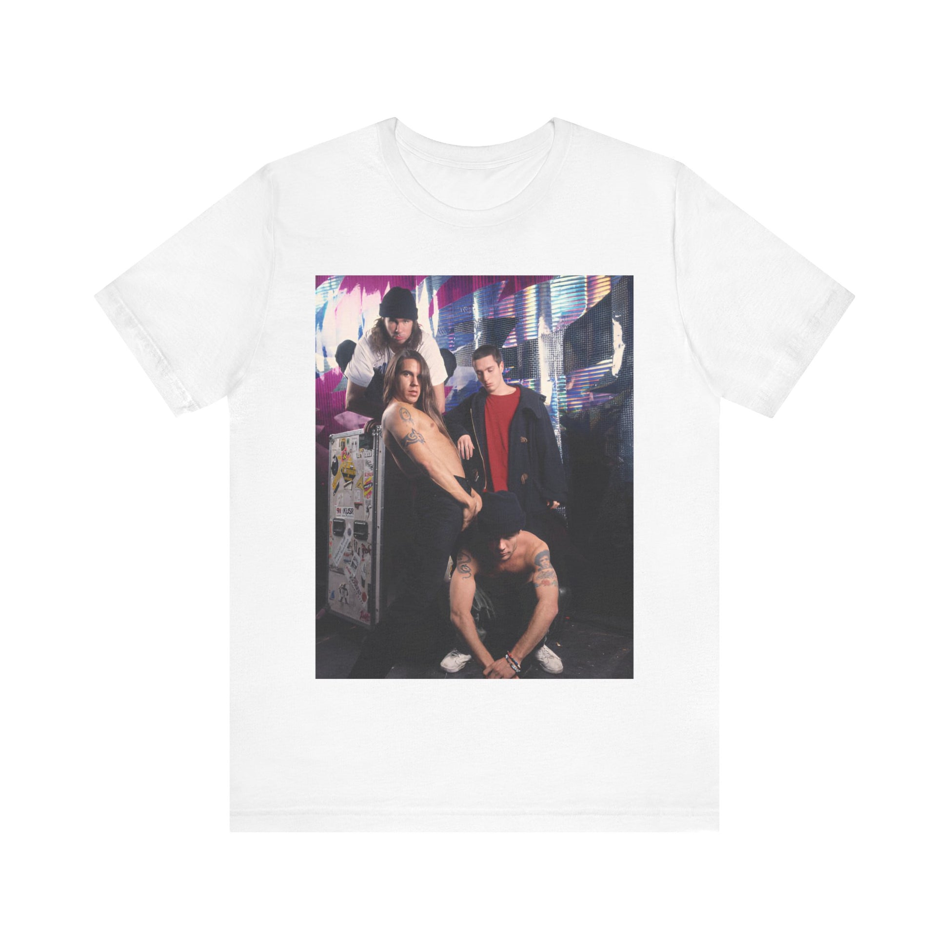 A black graphic t-shirt featuring a 90s alt-rock aesthetic graphic of Red Hot Chili Peppers.