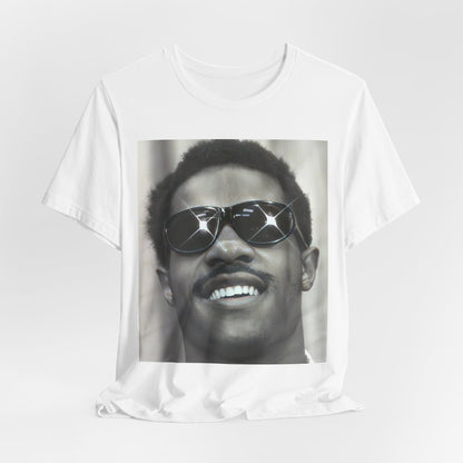A black graphic t-shirt featuring a 70s funk aesthetic black and white graphic or photo of Stevie Wonder.