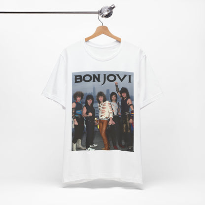 A black graphic t-shirt featuring a graphic related to Bon Jovi's 'Livin' on a Prayer' song or era from the 1980s.