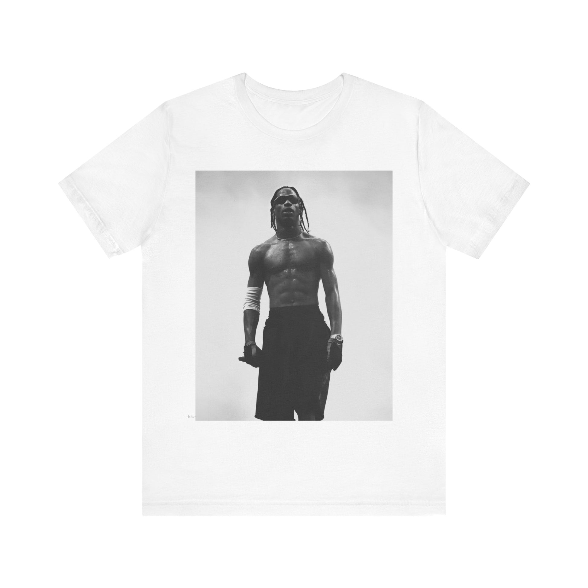 A black graphic t-shirt featuring a black and white portrait photo of Travis Scott.
