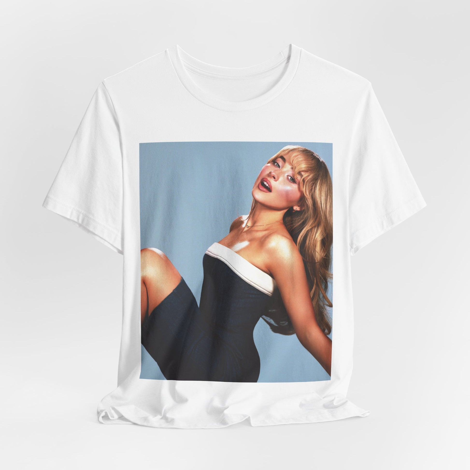 A black graphic t-shirt featuring a graphic related to Sabrina Carpenter's 'Espresso' song or era.