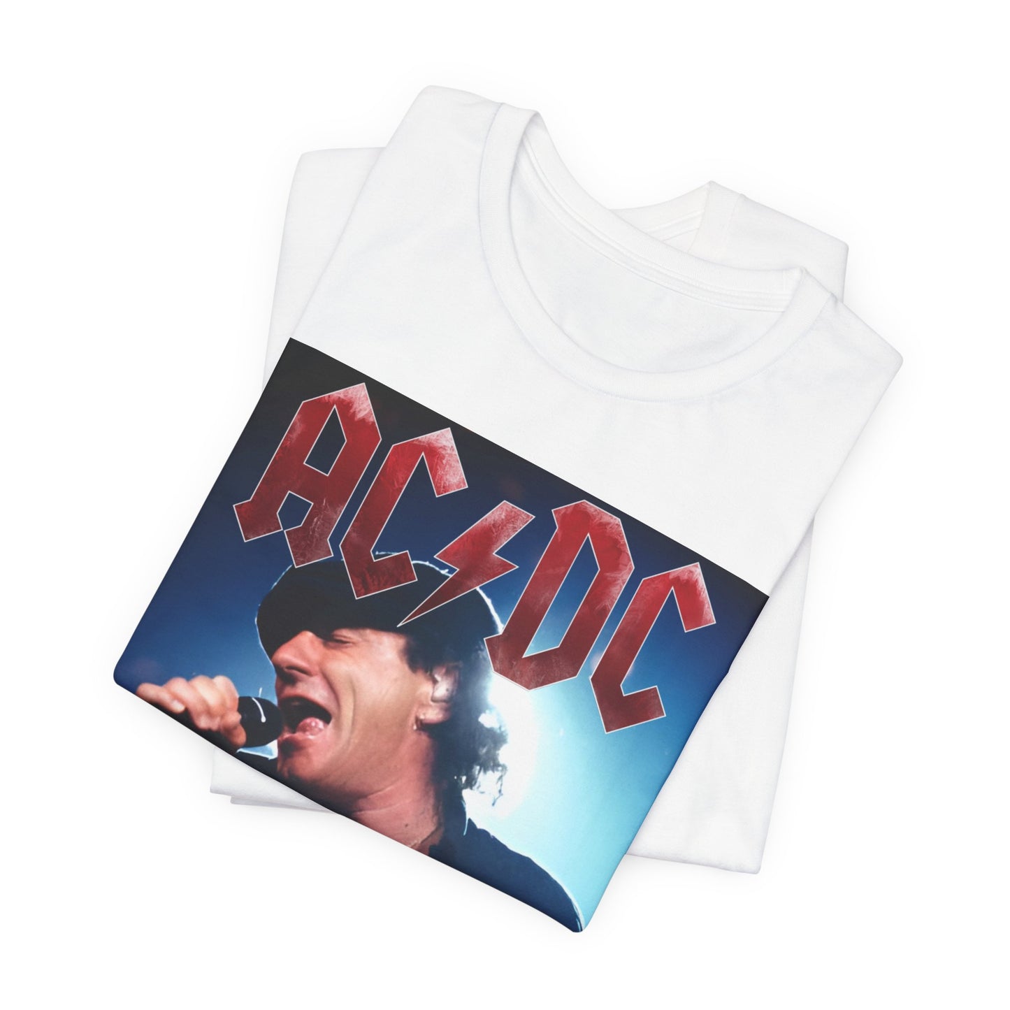 A graphic of AC/DC's lead singer, Brian Johnson, performing with powerhouse energy live on stage, printed on a t-shirt.