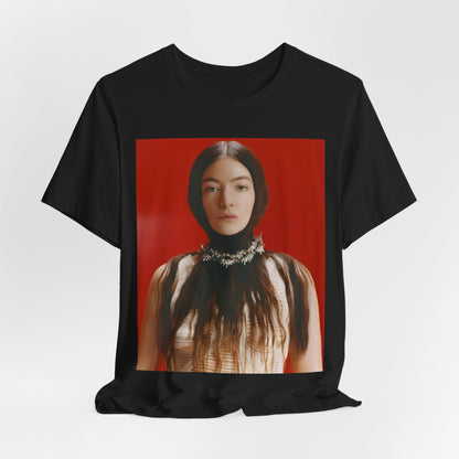 A black graphic t-shirt featuring a vintage indie pop icon graphic of Lorde.