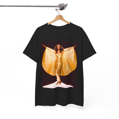 A black graphic t-shirt featuring a vintage graphic of Donna Summer as the Queen of Disco.