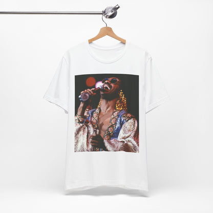 A black graphic t-shirt featuring a 70s vintage soul icon graphic of Stevie Wonder.