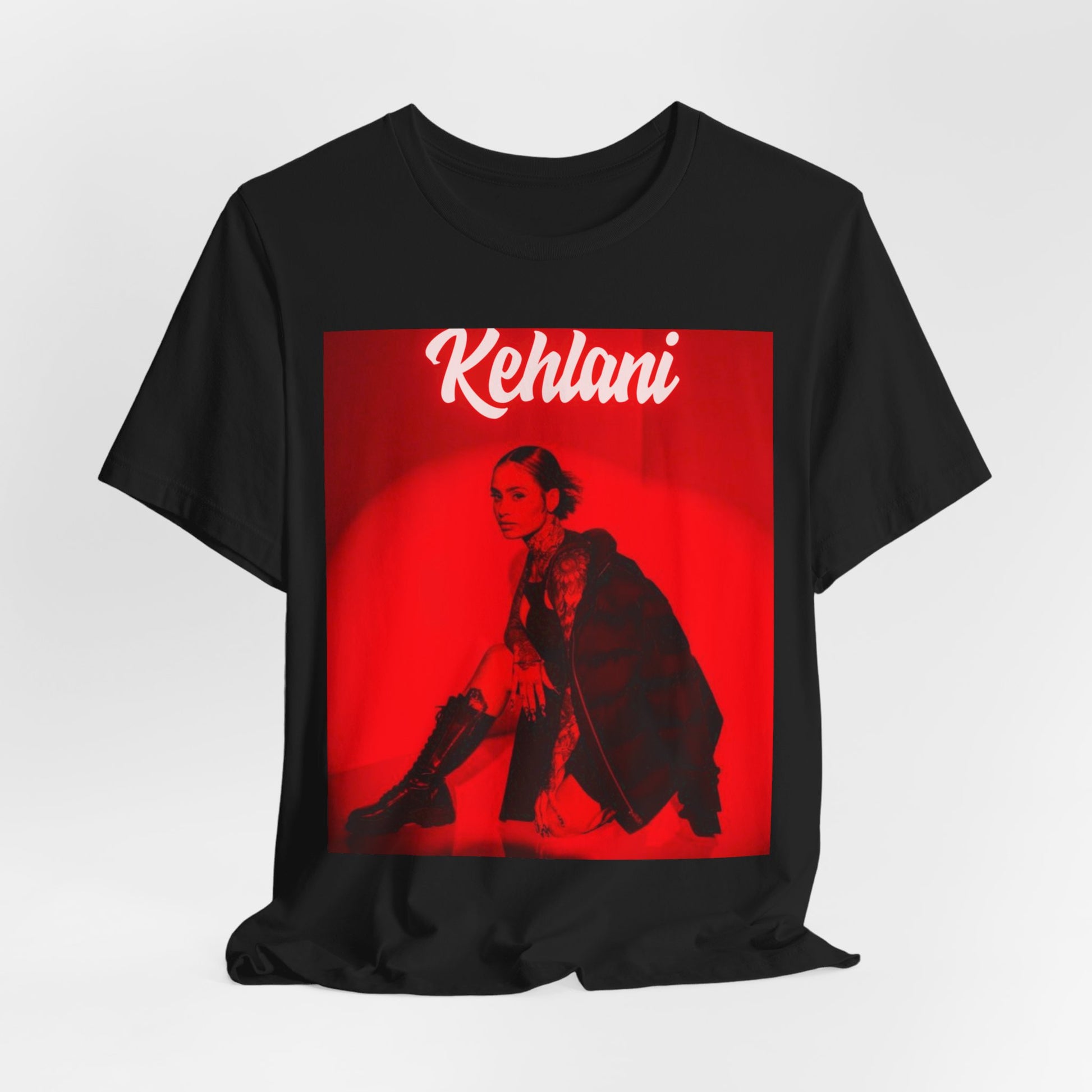 A black graphic t-shirt featuring a photo of Kehlani with a prominent red aesthetic or red lighting.