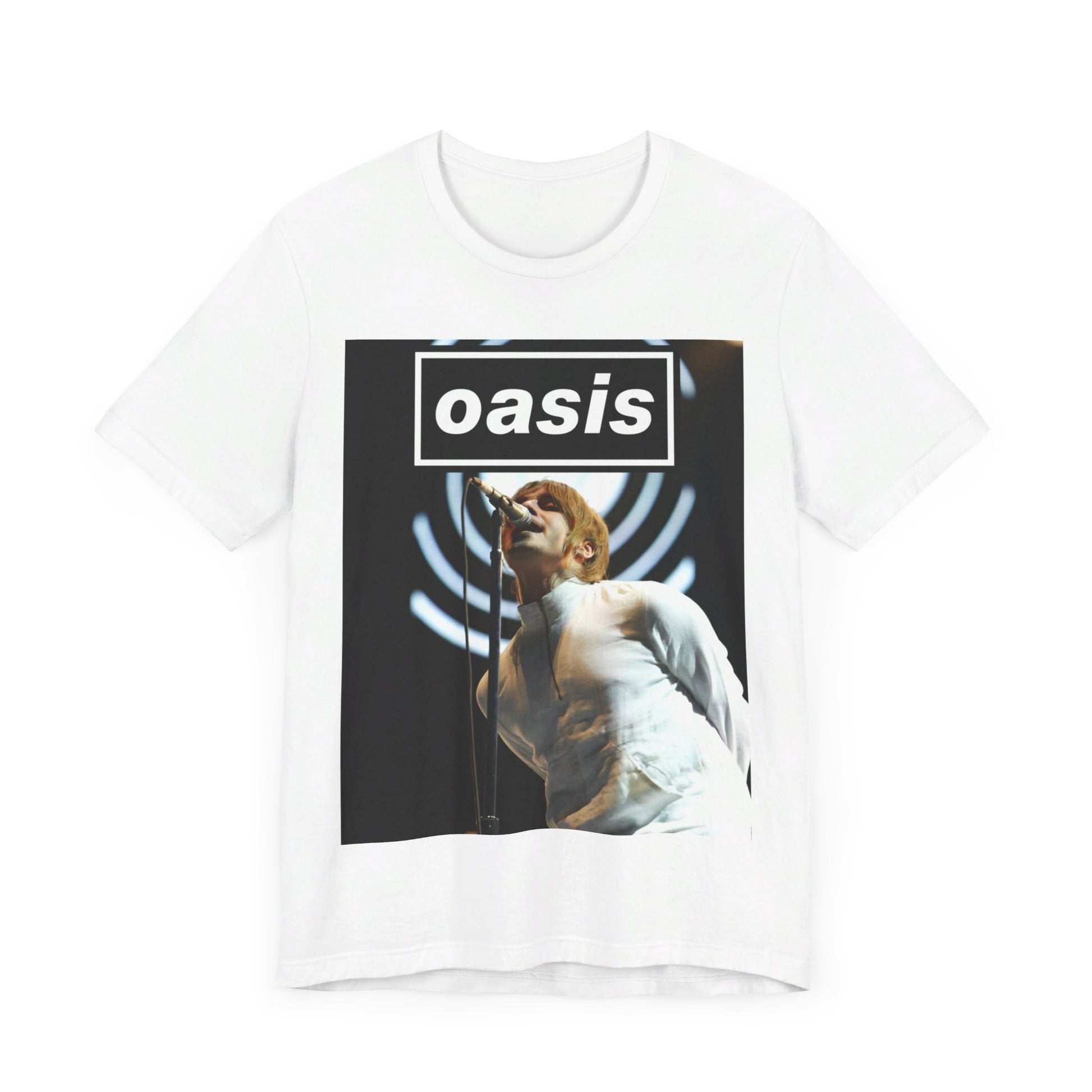 A black graphic t-shirt featuring a graphic or photo of Oasis performing live.