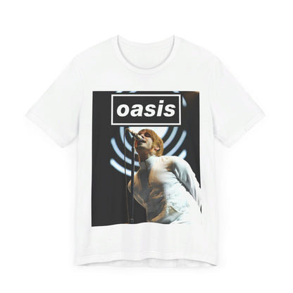 A black graphic t-shirt featuring a graphic or photo of Oasis performing live.