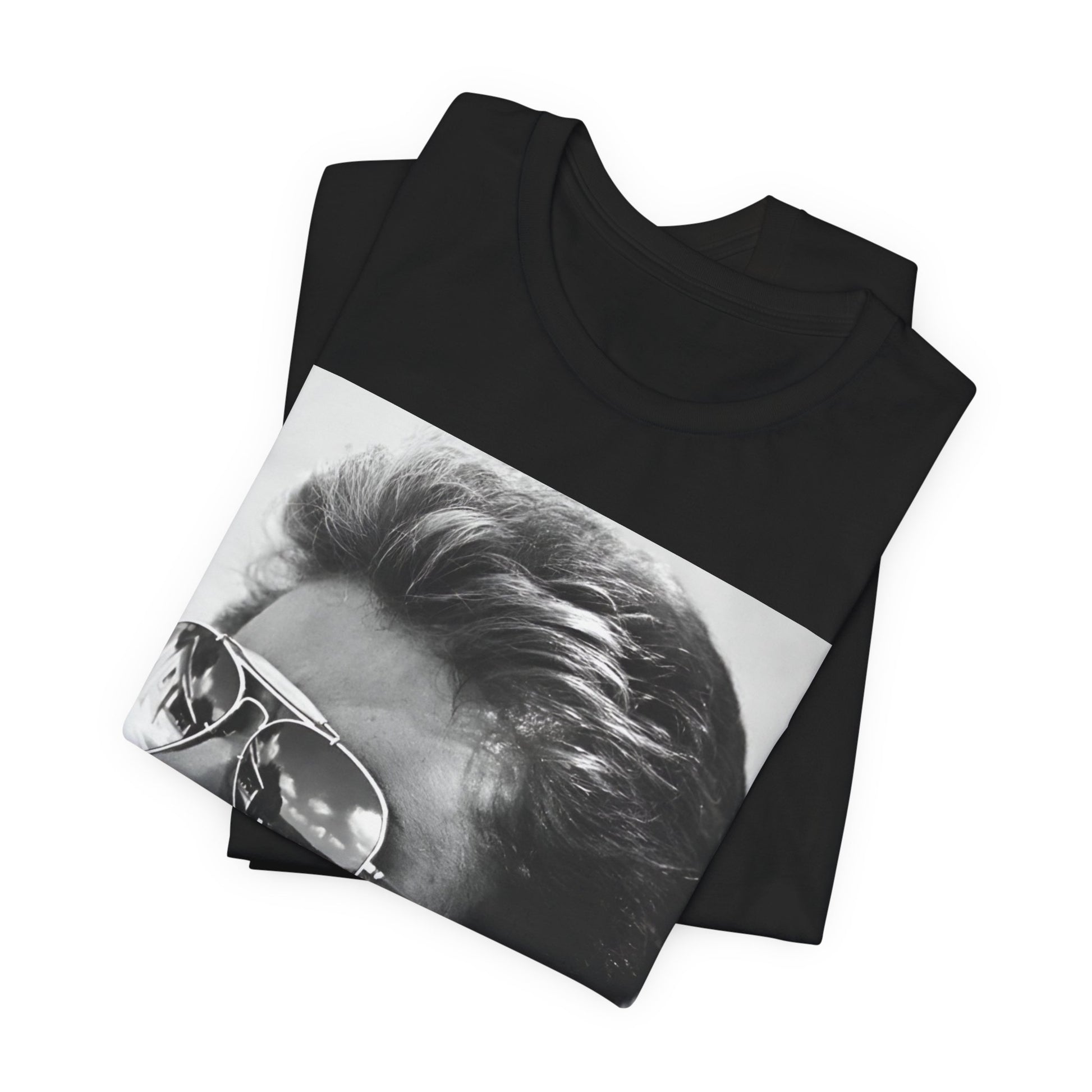 A black graphic t-shirt featuring a photo of George Michael wearing iconic sunglasses.